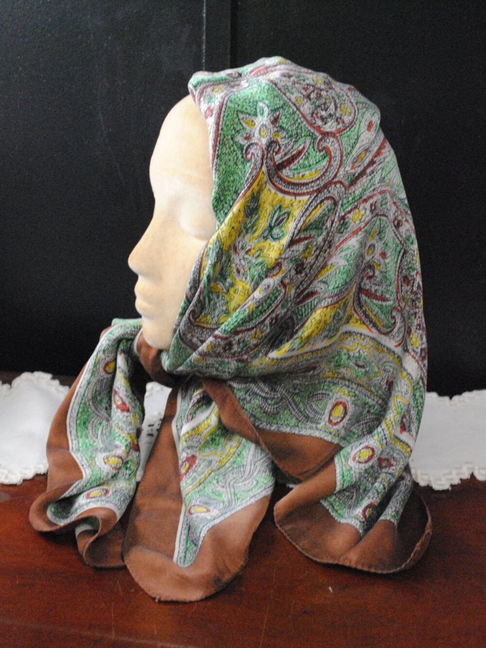 Large Vintage Brown, Yellow, & Green Floral Paisley Scarf
